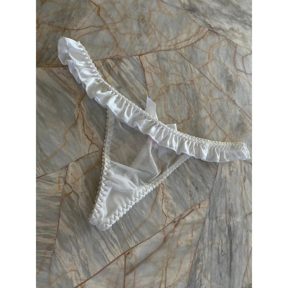 Victorias Secret White Ruffle Satin Mesh Thong Panty Small Bow Trim 2012 Vintage